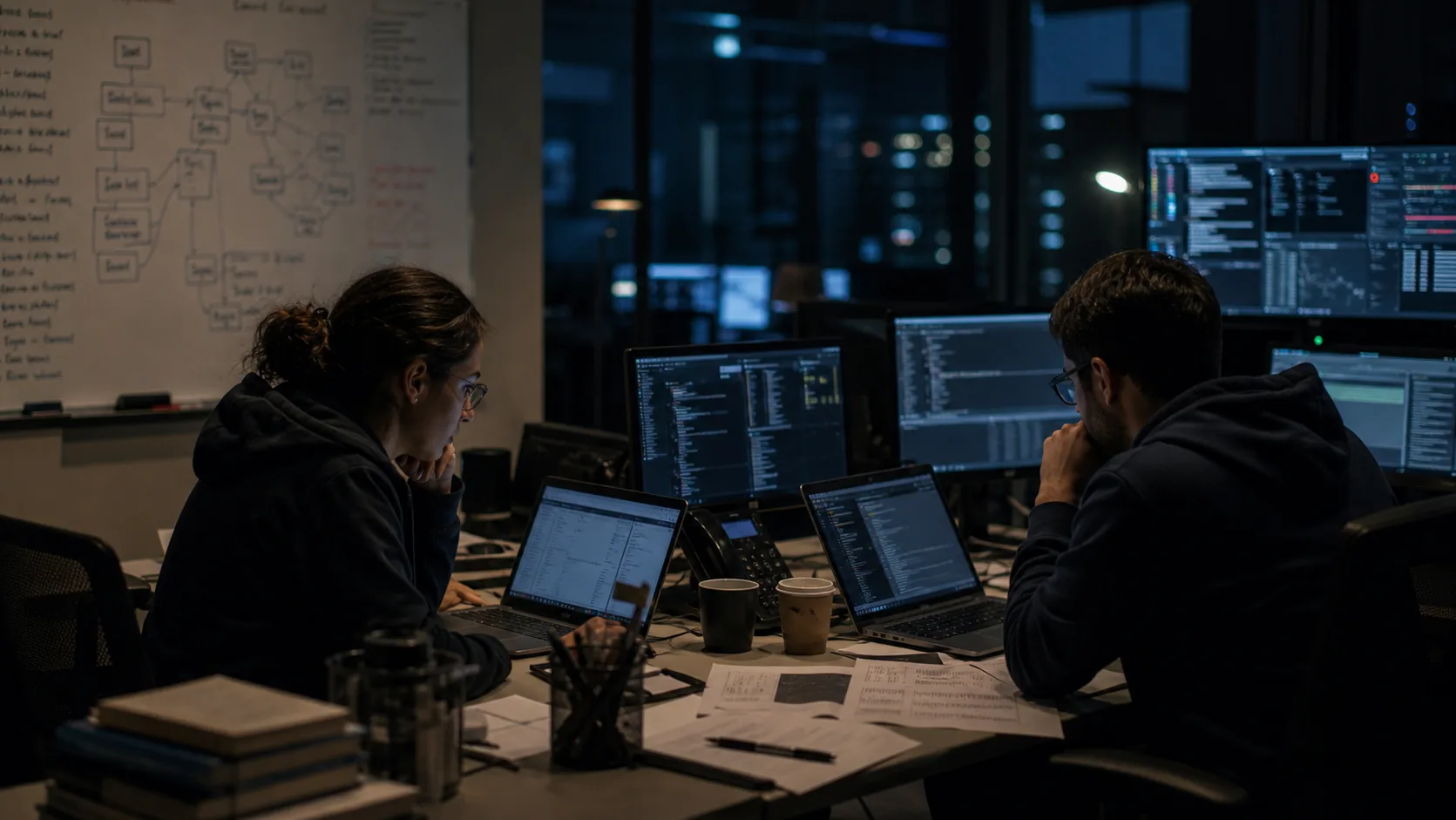 Engineers investigating dependency inventory during a late-night incident response session.
