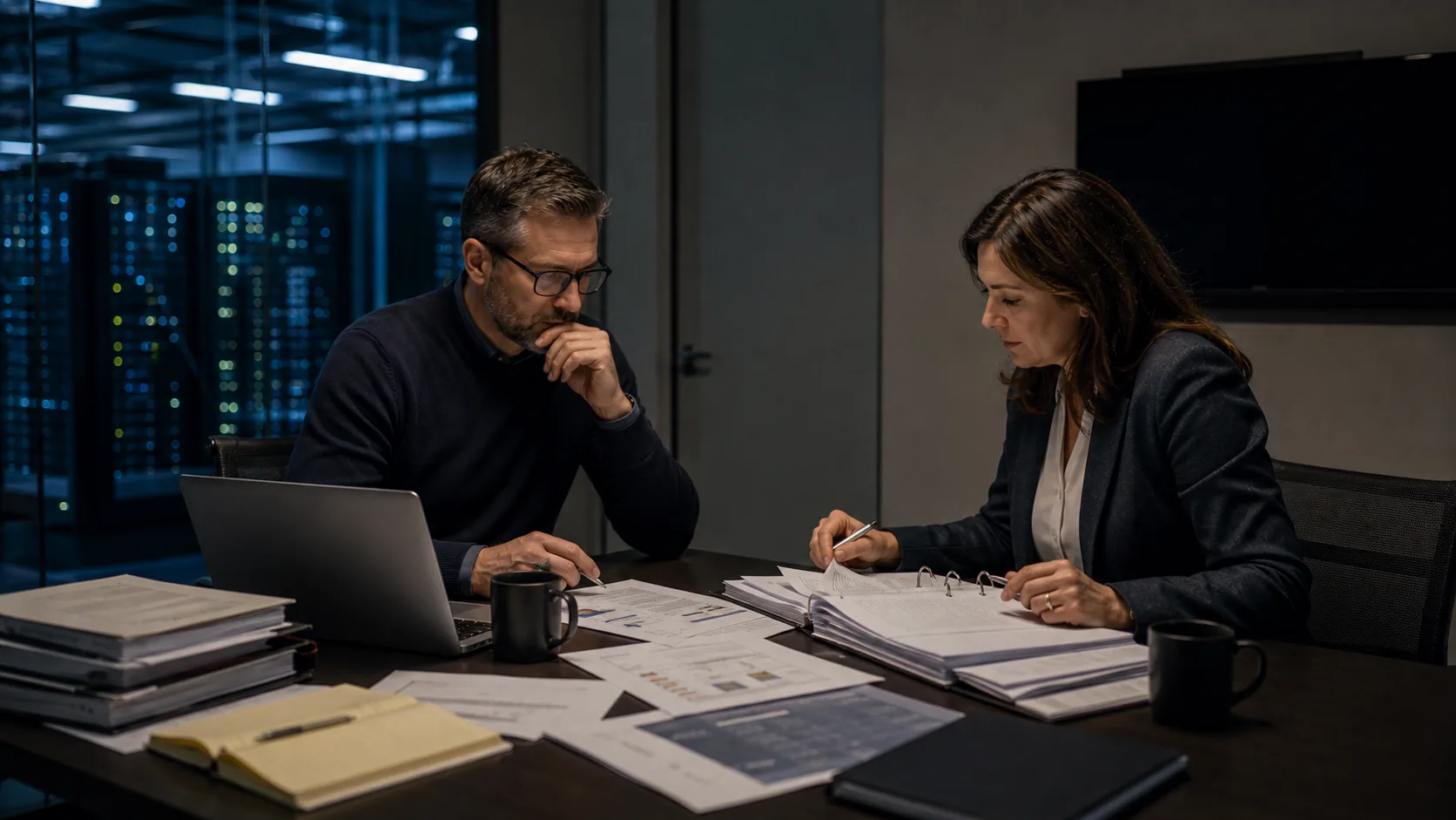 Compliance and security professionals preparing audit materials in a conference room.